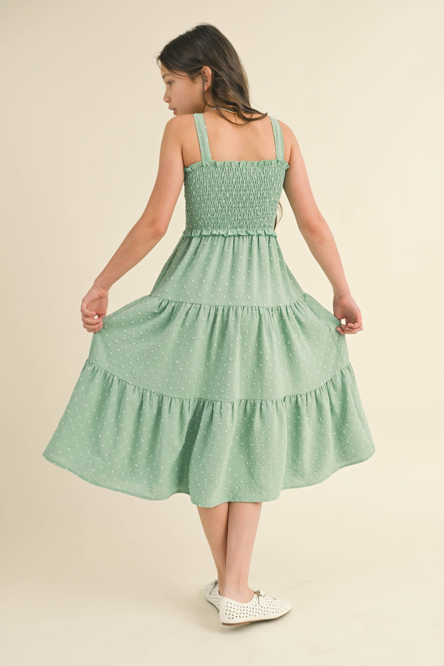 TWEEN GIRLS KIDS SMOCKED TIERED MIDI DRESS (7-12)