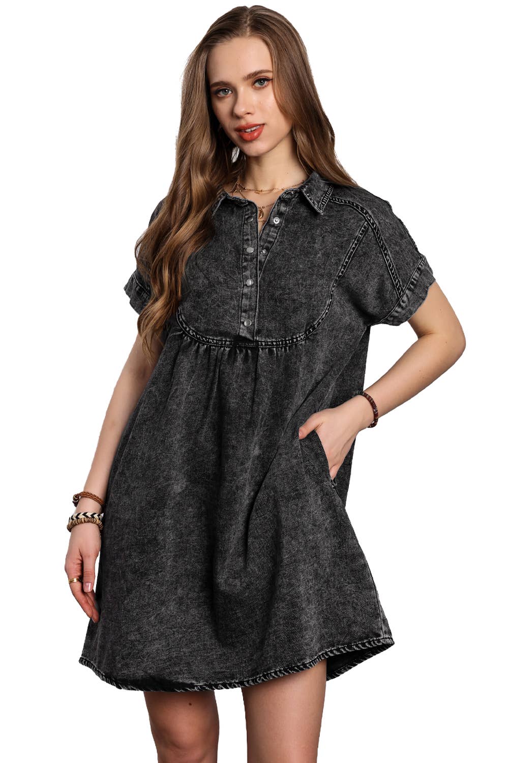 Women Acid Wash Button Front Collared Denim Dress | S-XL