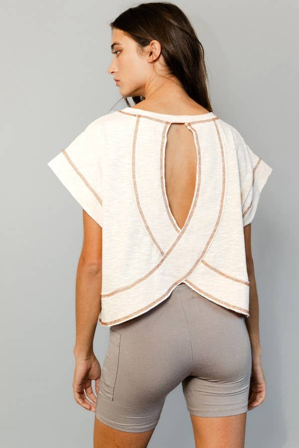 T2177 Overlap Open Back Reverse Stitched Crop Top