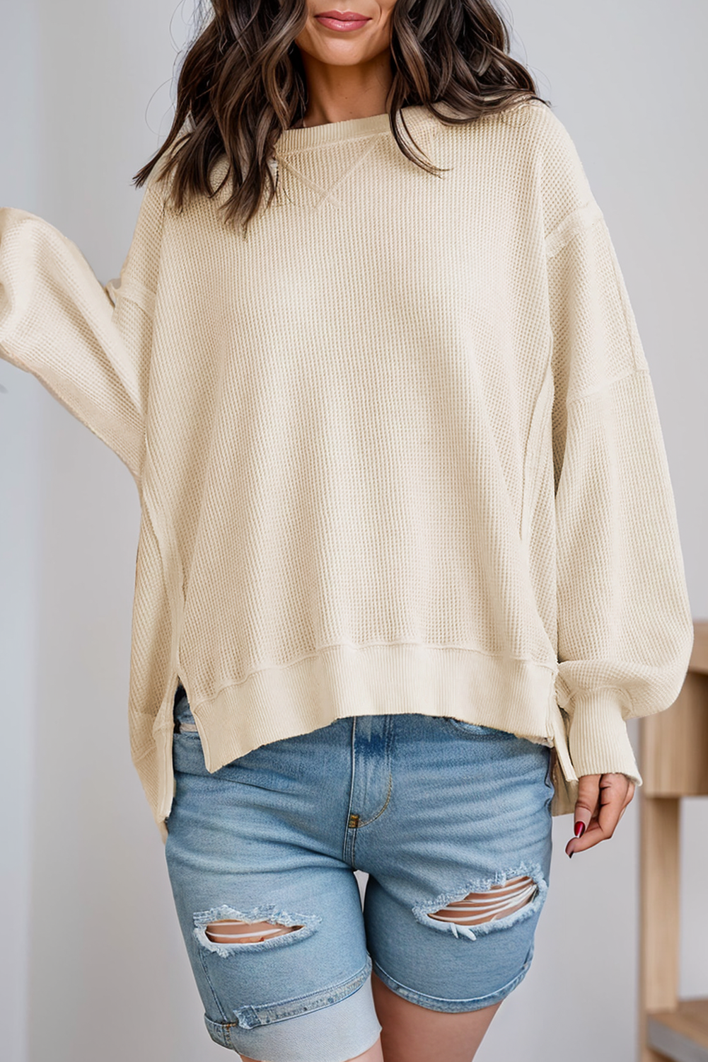 Waffle Knit * Long Sleeve Split Oversized Sweatshirt | S-2XL