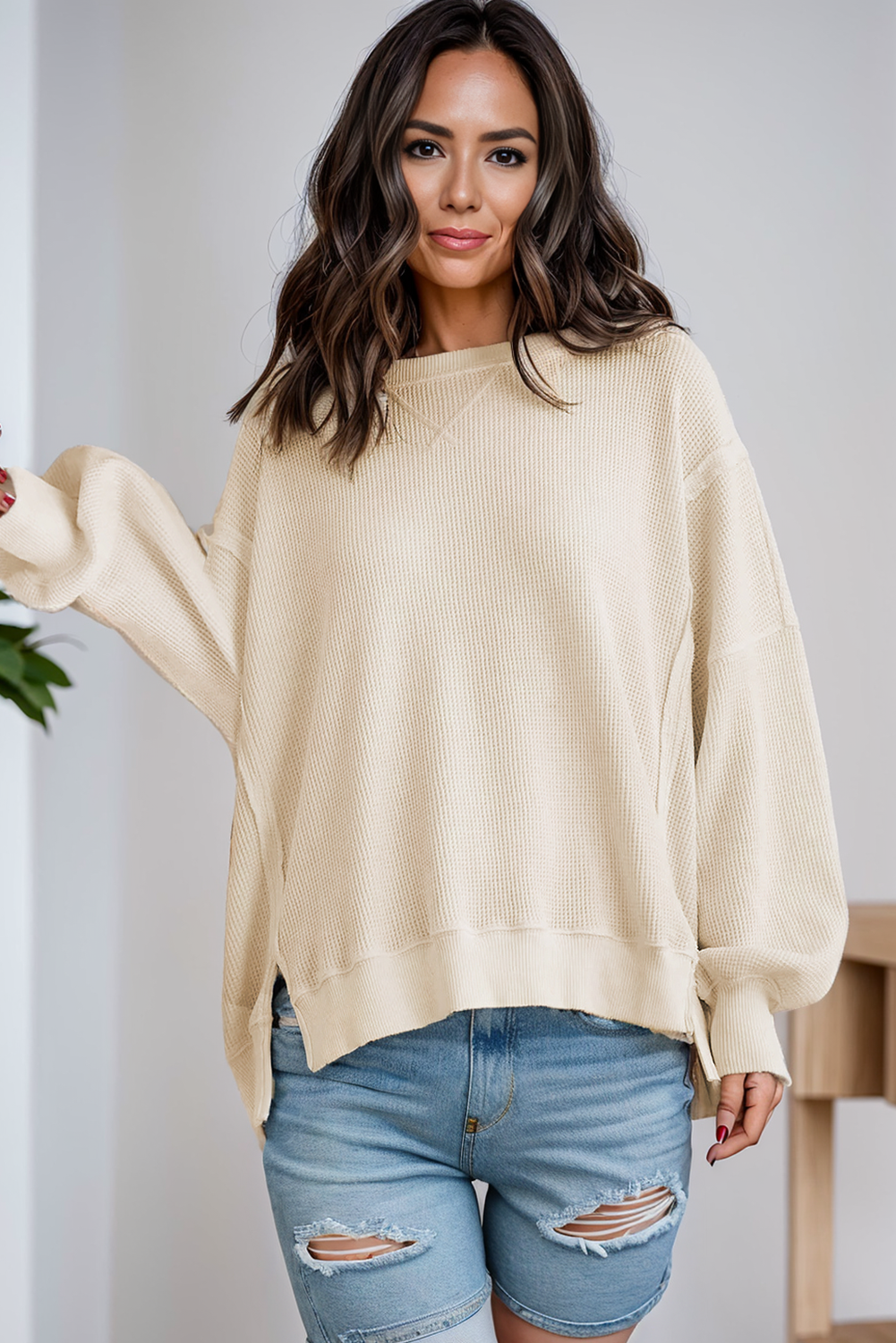Waffle Knit * Long Sleeve Split Oversized Sweatshirt | S-2XL