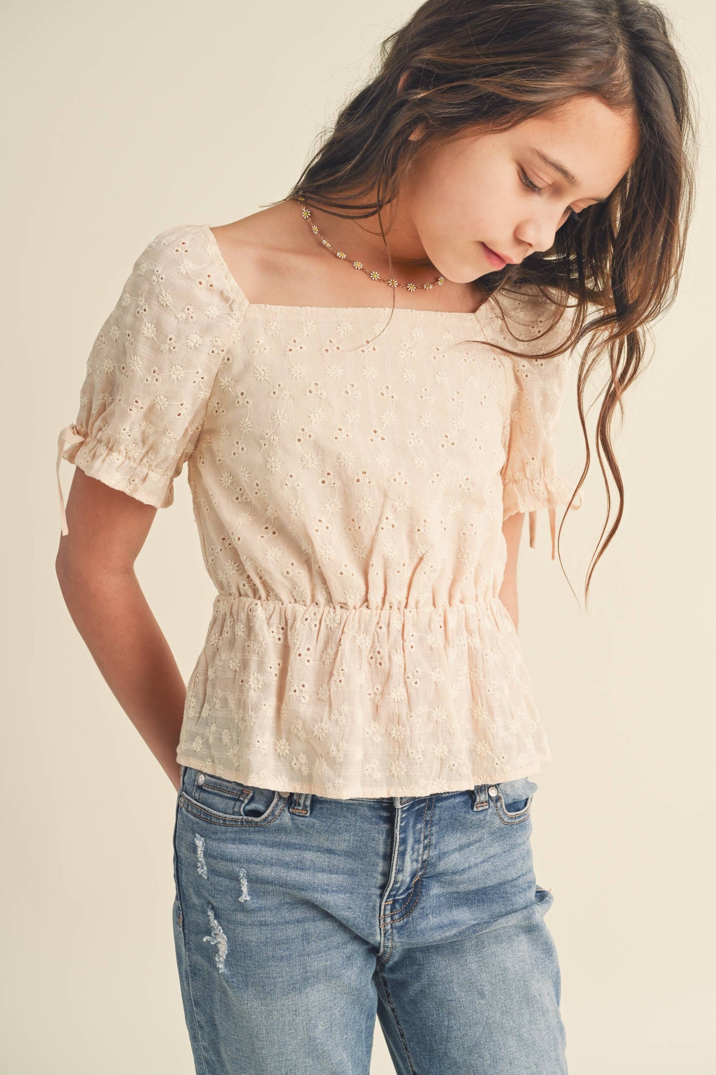 TWEEN KIDS GIRLS PUFF SLV EMB PEPLUM TOP KT2648 (7-14)