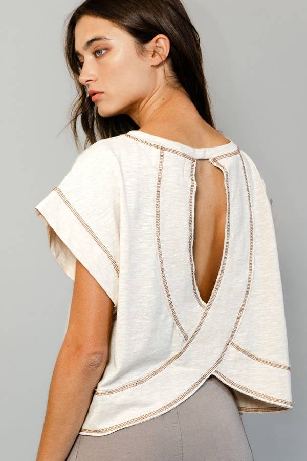 T2177 Overlap Open Back Reverse Stitched Crop Top