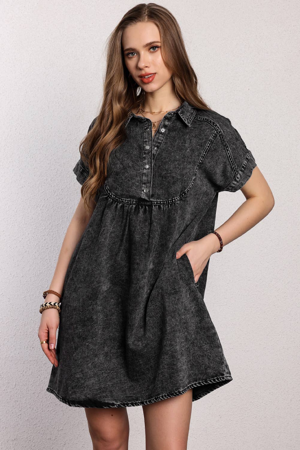 Women Acid Wash Button Front Collared Denim Dress | S-XL