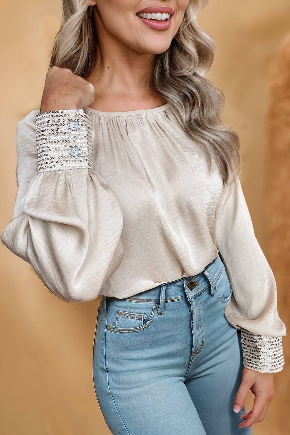 Women Sequin Buttoned Cuffs Pleated Neck Blouse | S-XL