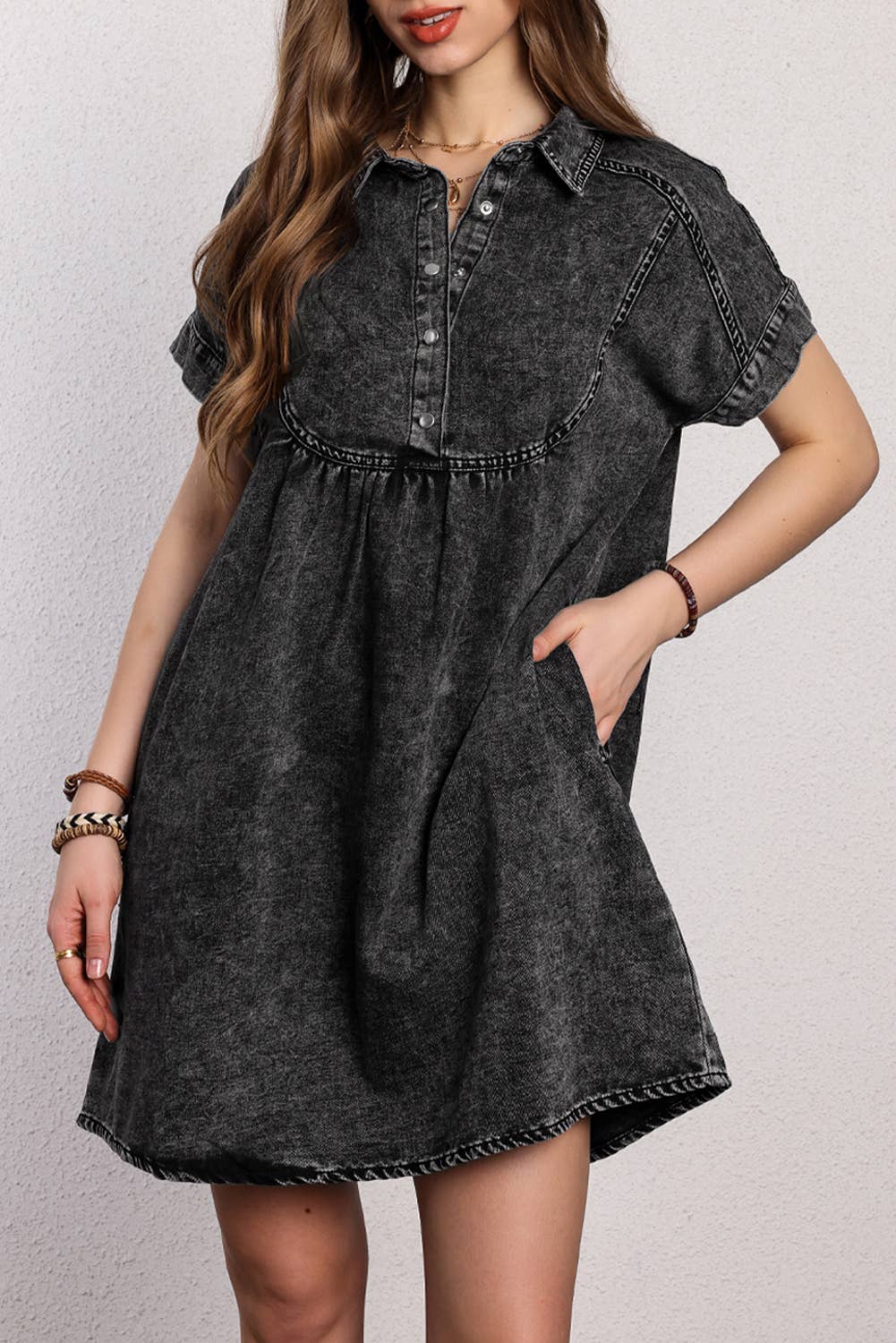Women Acid Wash Button Front Collared Denim Dress | S-XL