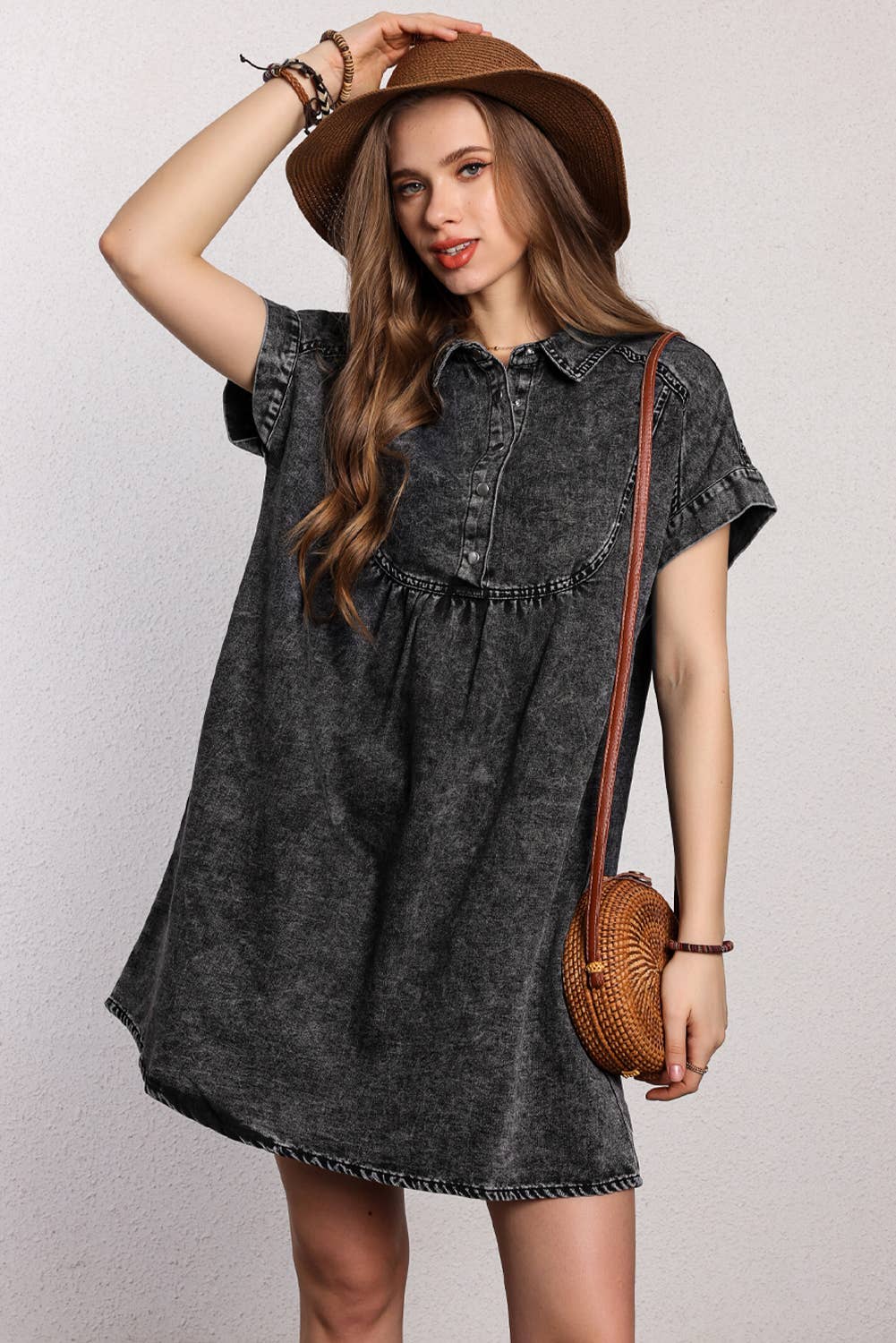Women Acid Wash Button Front Collared Denim Dress | S-XL