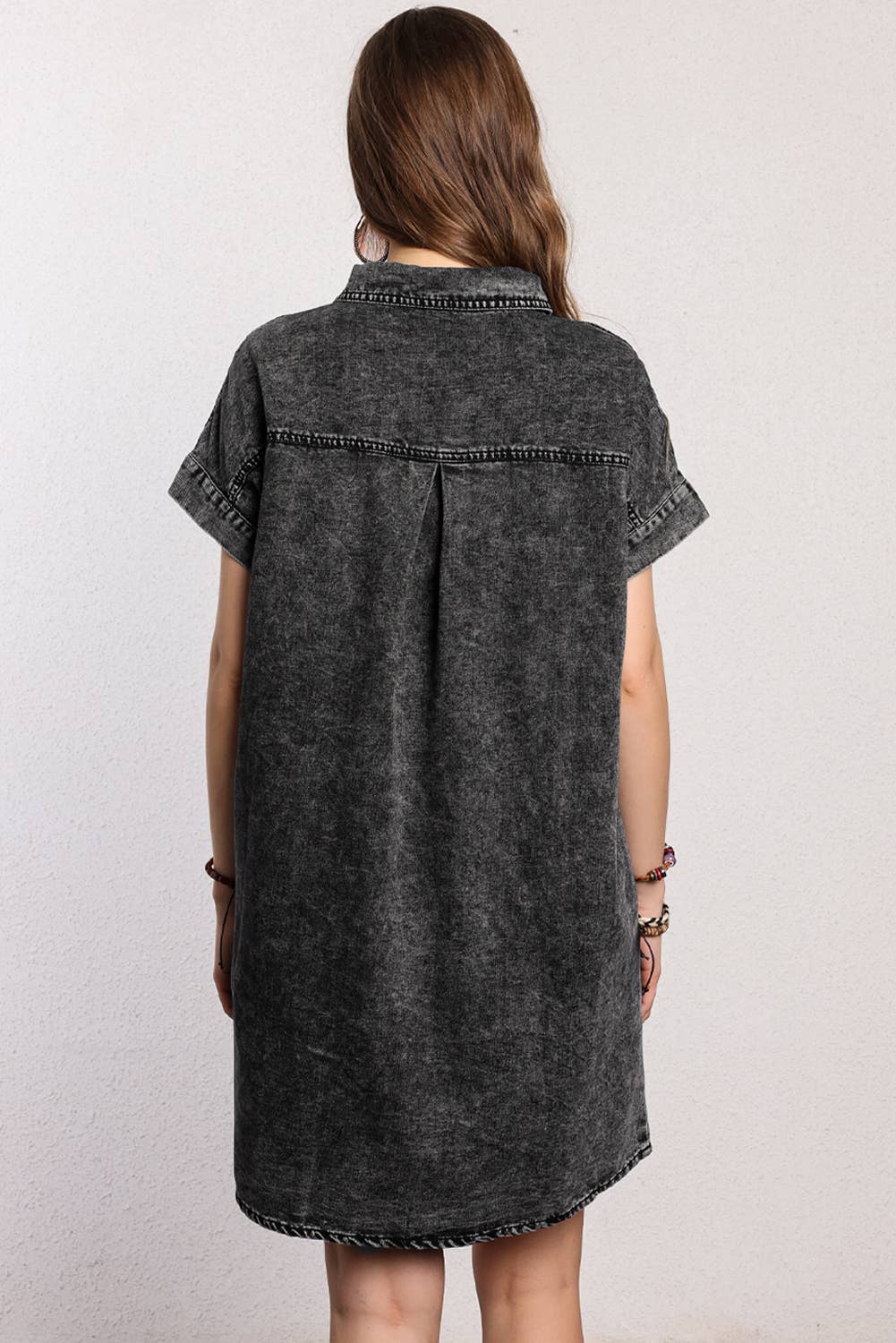 Women Acid Wash Button Front Collared Denim Dress | S-XL