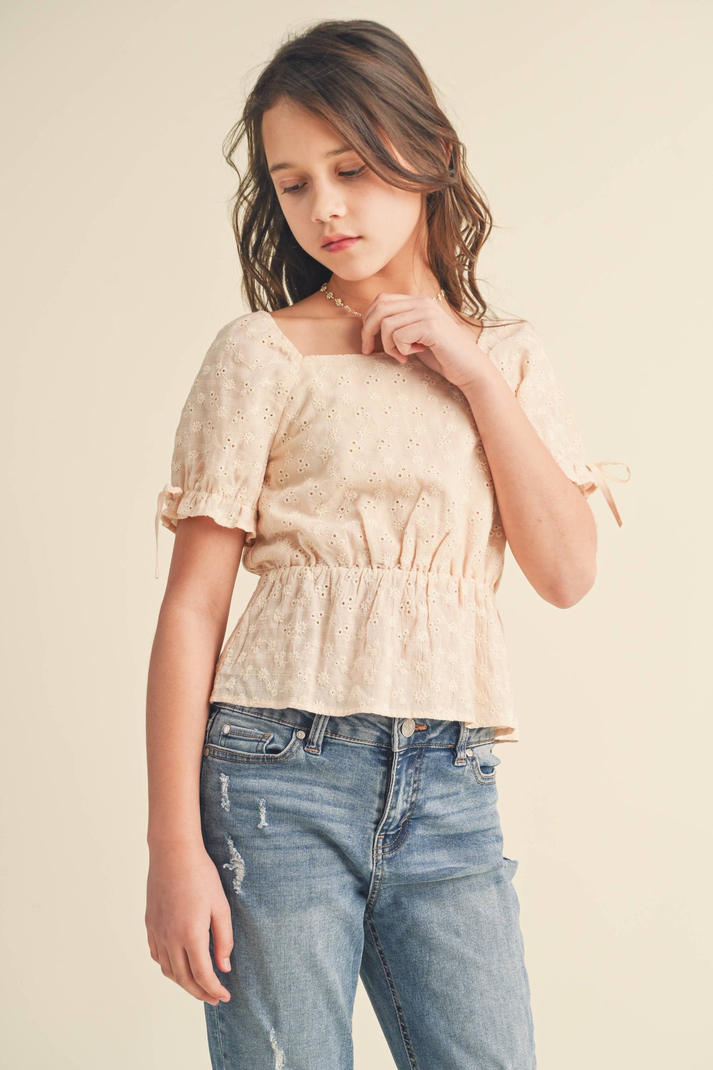 TWEEN KIDS GIRLS PUFF SLV EMB PEPLUM TOP KT2648 (7-14)