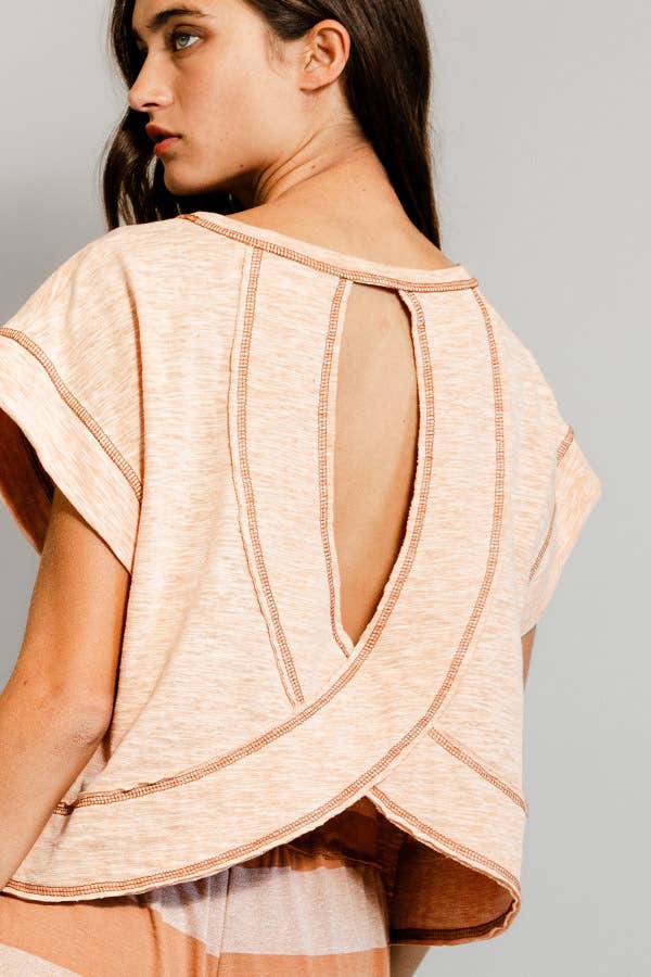T2177 Overlap Open Back Reverse Stitched Crop Top