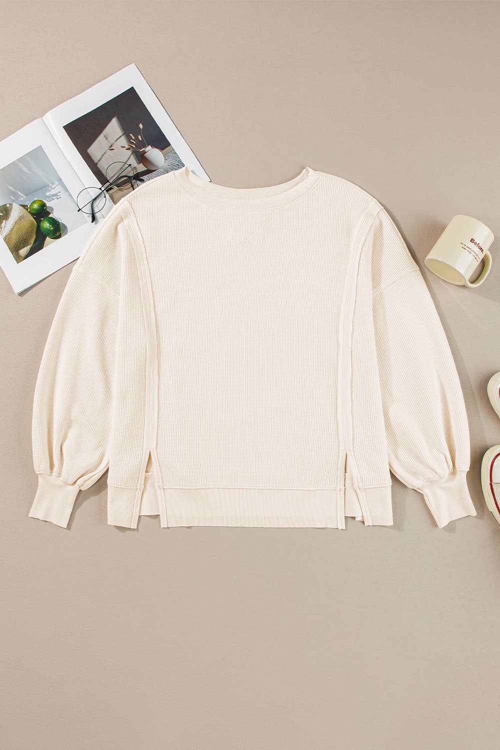 Waffle Knit * Long Sleeve Split Oversized Sweatshirt | S-2XL