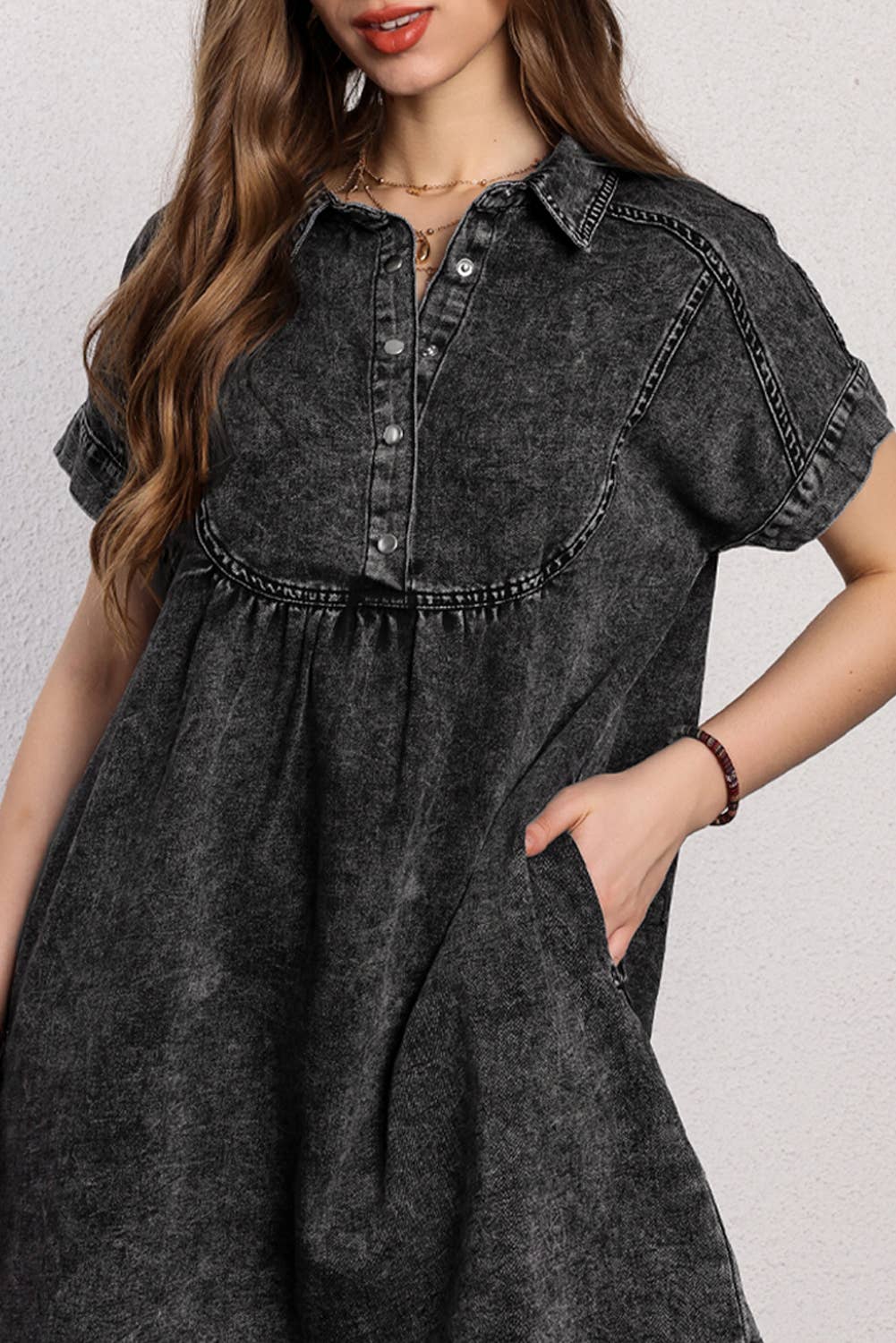 Women Acid Wash Button Front Collared Denim Dress | S-XL