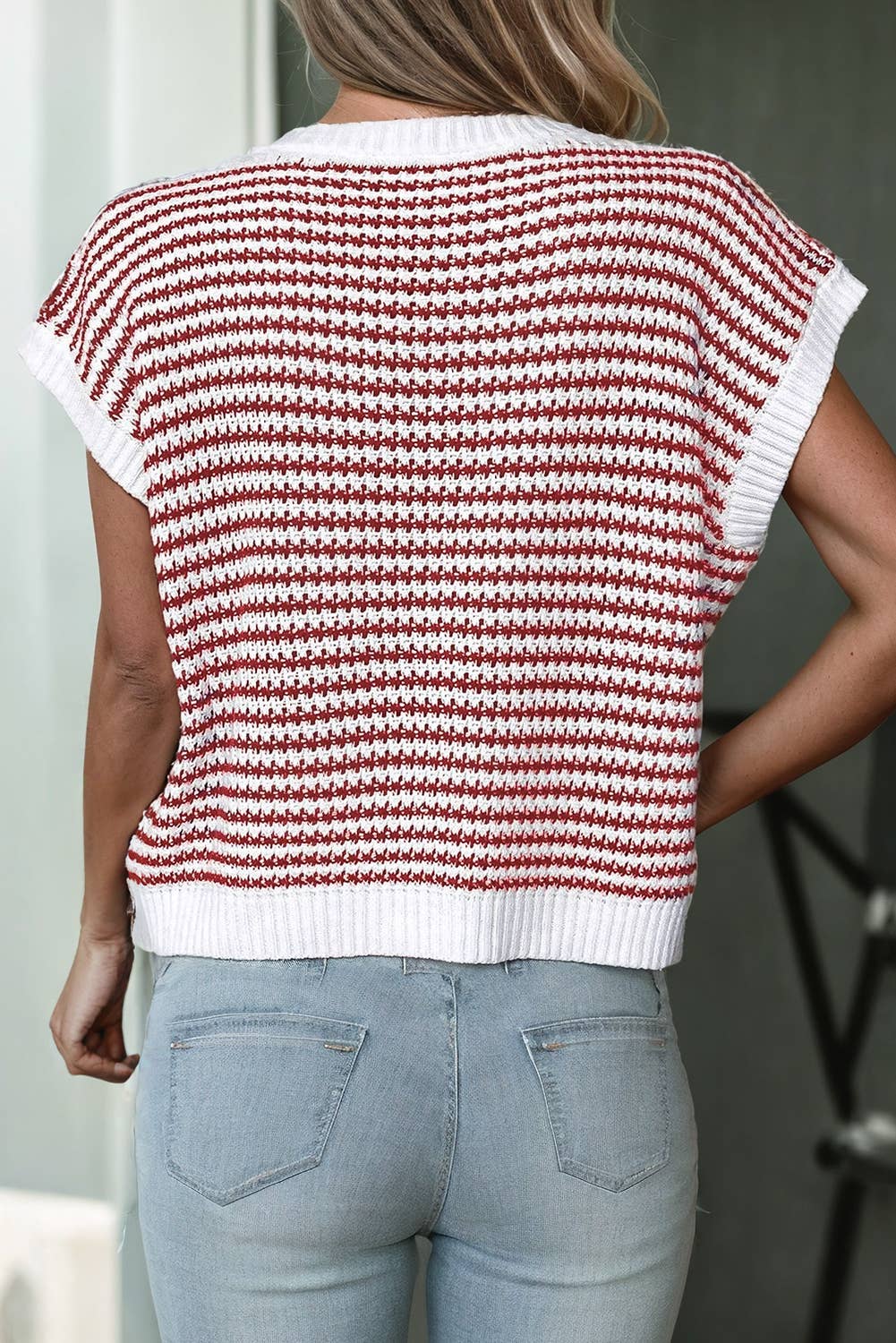 Women Stripe Pattern Cap Sleeve Knitted Sweater Vest| S-XL