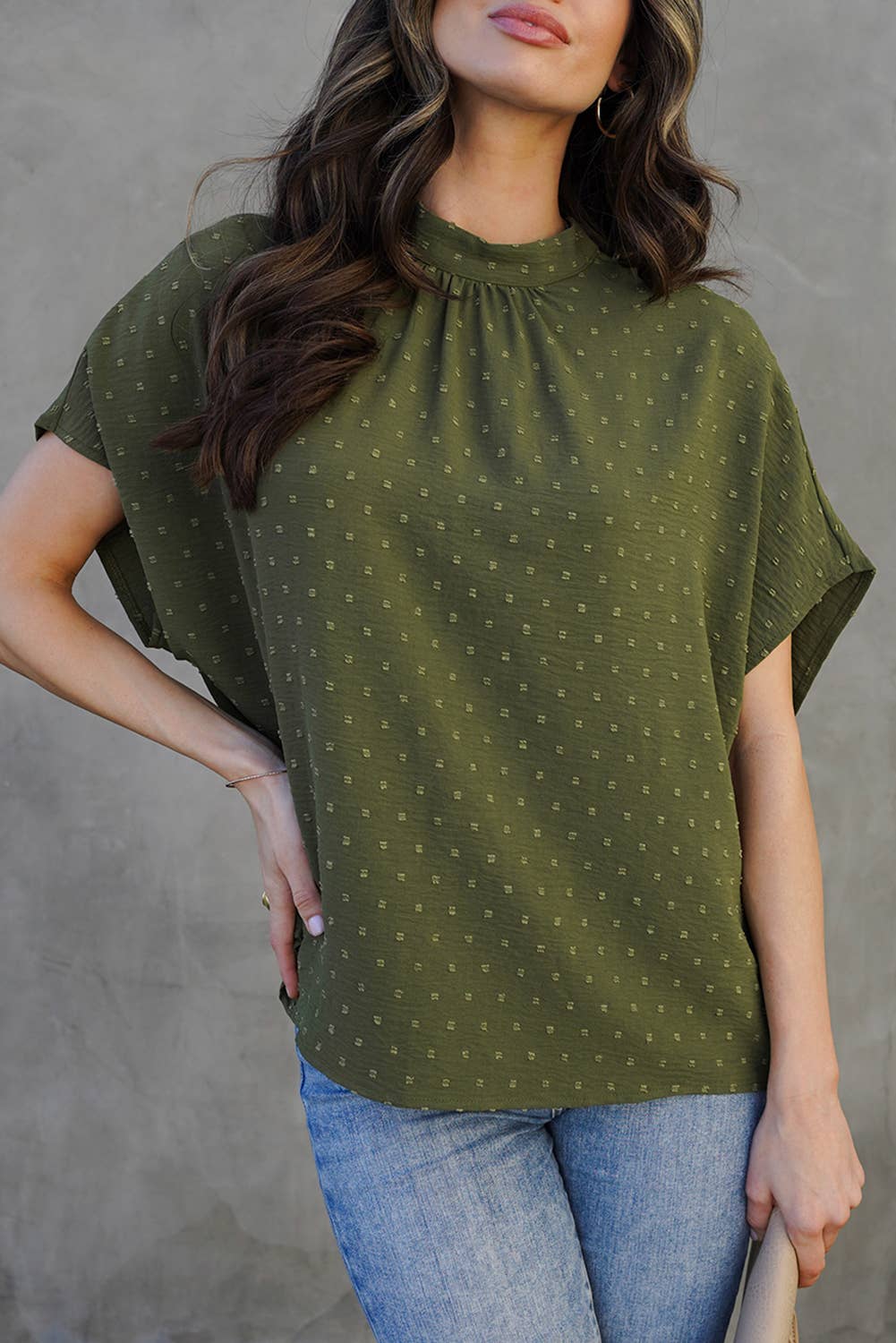 Women Fashion Swiss Dot Batwing Sleeve Blouse | S-XL