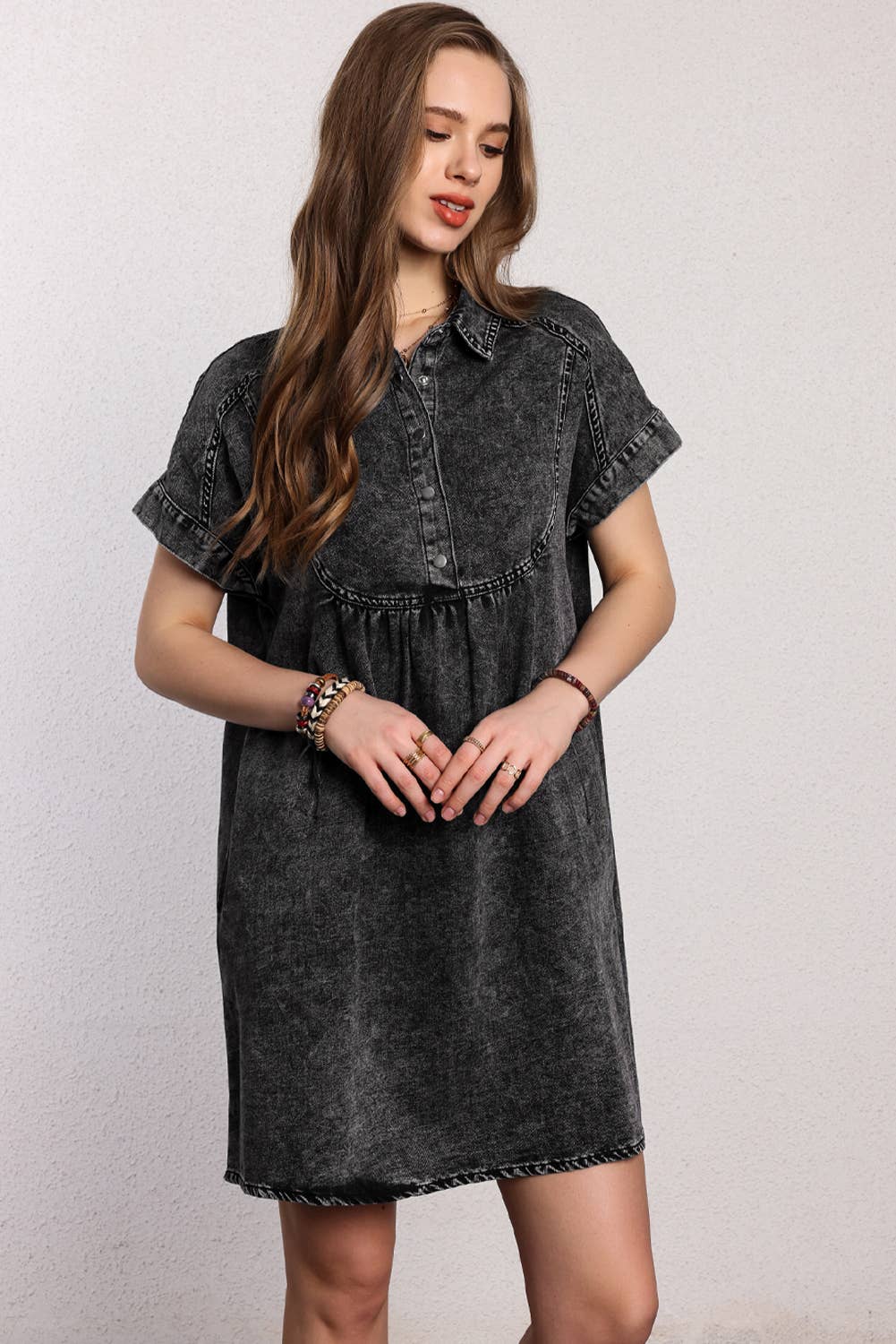Women Acid Wash Button Front Collared Denim Dress | S-XL