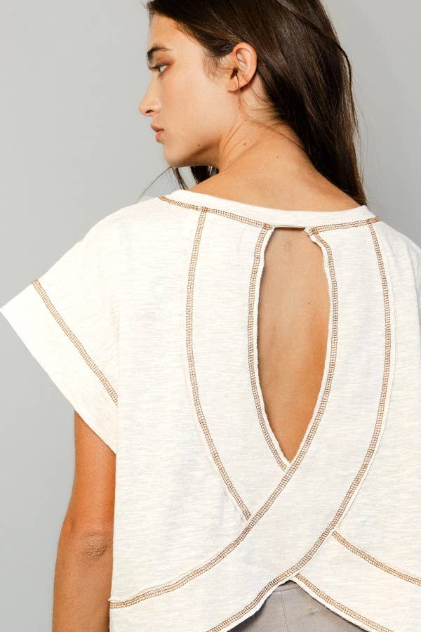 T2177 Overlap Open Back Reverse Stitched Crop Top